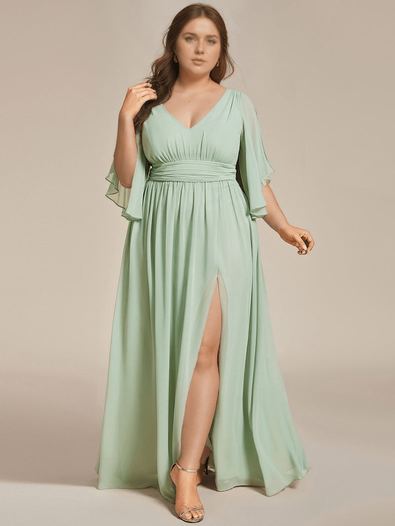 Robe de soirée grande taille longue verte fluide décolleté fendue manches courtes chic élégante pour mariage