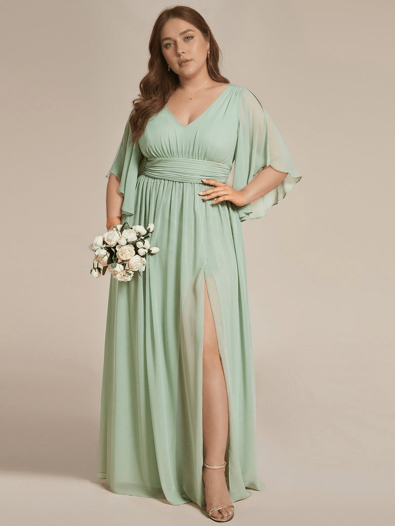 Robe demoiselle d'honneur grande taille bohème verte longue fluide manches courtes fendue bouquet fleurs