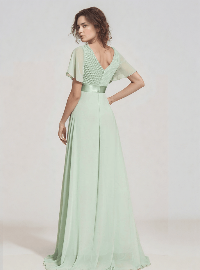 Robe longue verte dos nu fluide chic pour mariage invité bohème manches courtes élégante estivale