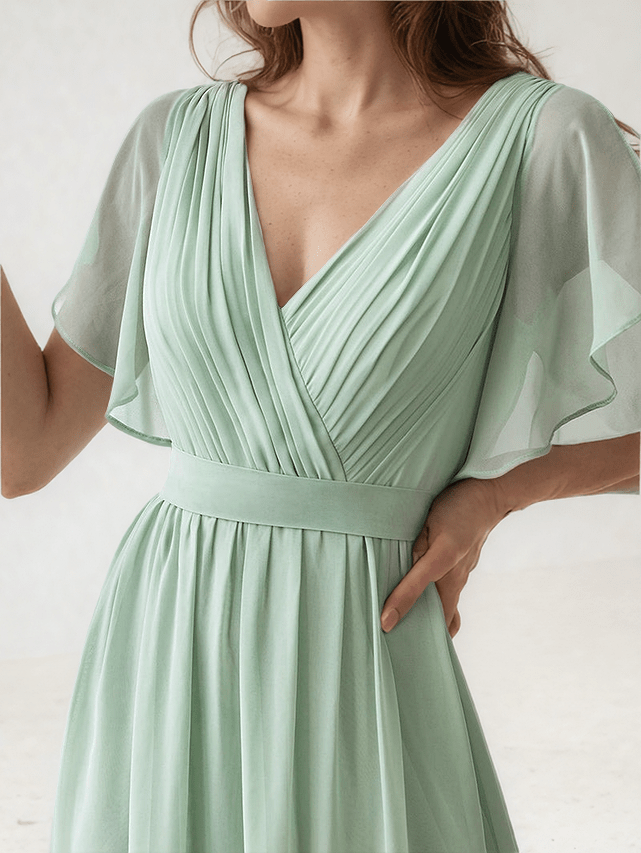 Robe bohème mariage invité verte longue manches courtes décolleté fluide élégante pour cérémonie