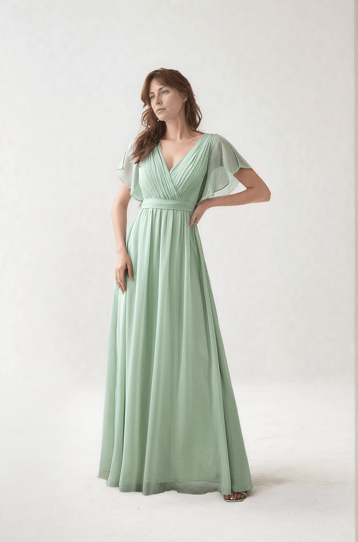 Robe longue verte bohème mariage invitée manches courtes fluide élégante style été pour cérémonie