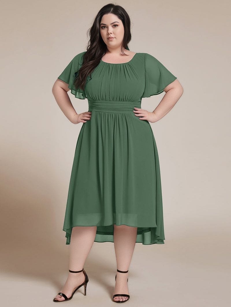 Robe grande taille chic verte midi trapèze manches courtes élégante pour soirée mariage ou cocktail été