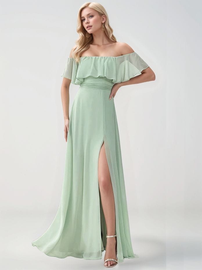 Robe demoiselle d'honneur verte longue épaules dénudées