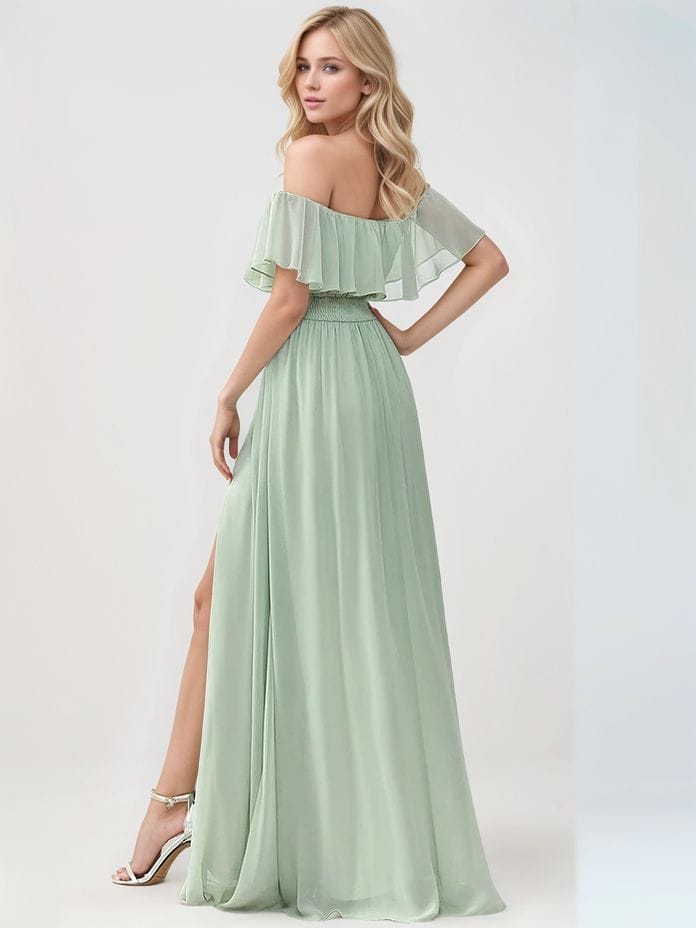 Robe demoiselle d'honneur verte longue épaules dénudées