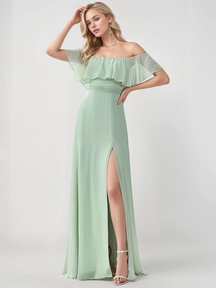 Robe demoiselle d'honneur verte longue épaules dénudées