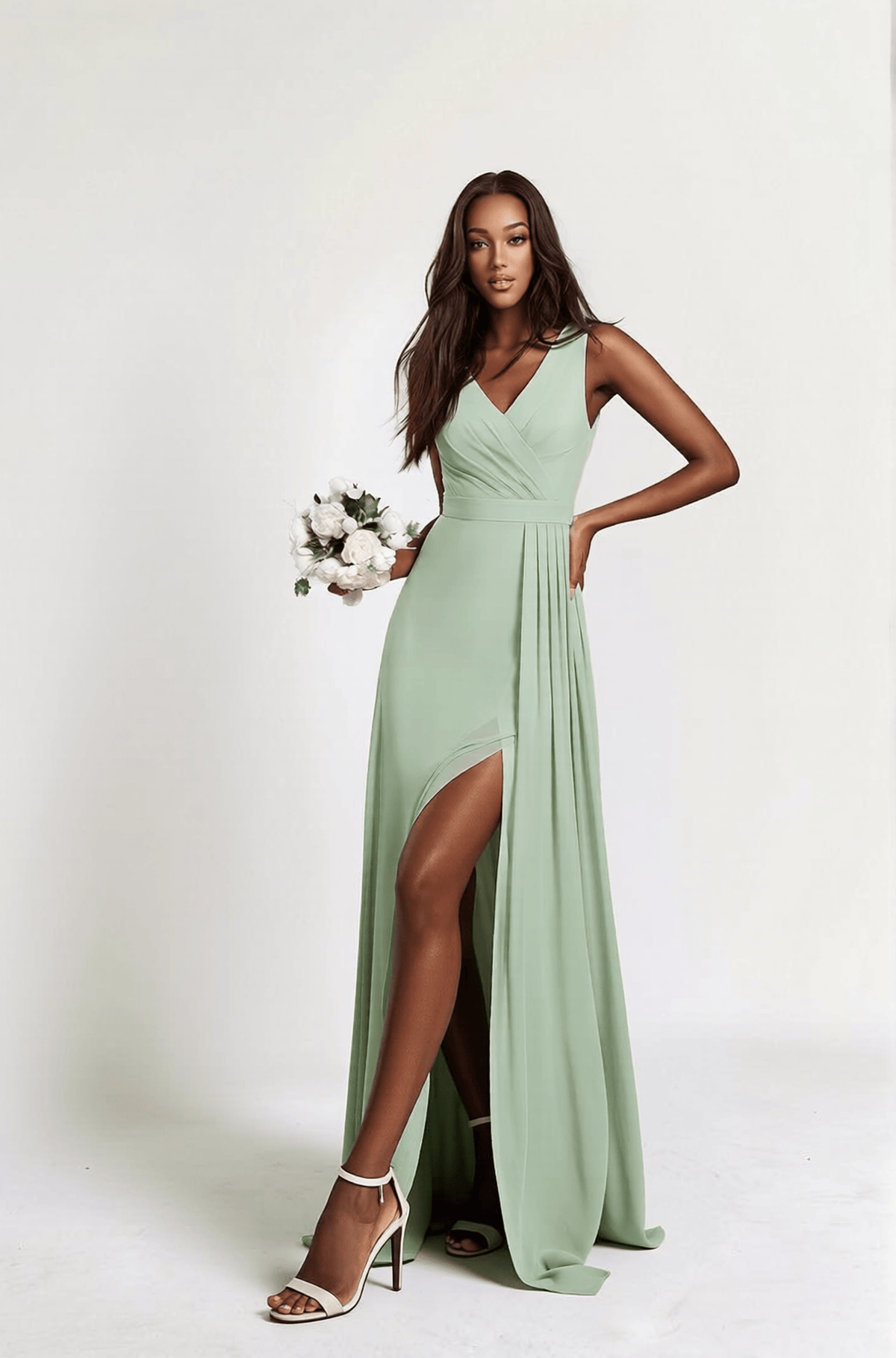 Robe demoiselle d'honneur longue verte fendue chic manche sans manches tenue élégante bouquet mariage