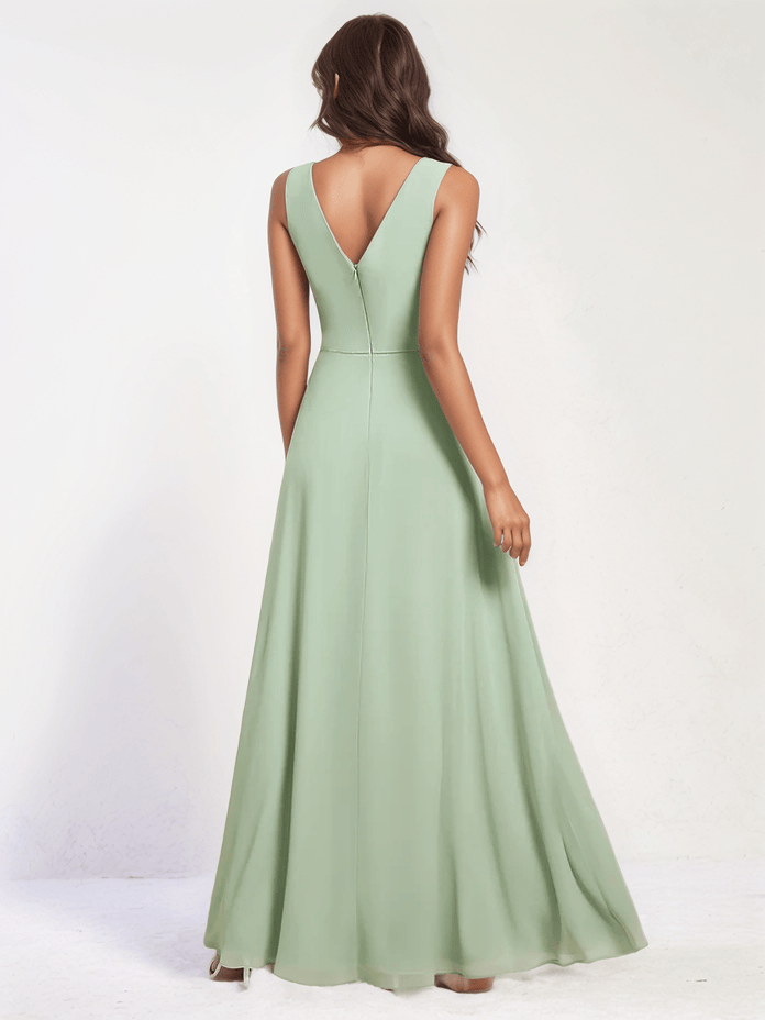 Robe longue verte trapèze sans manches dos nu élégante pour demoiselle d'honneur bohème mariage invité