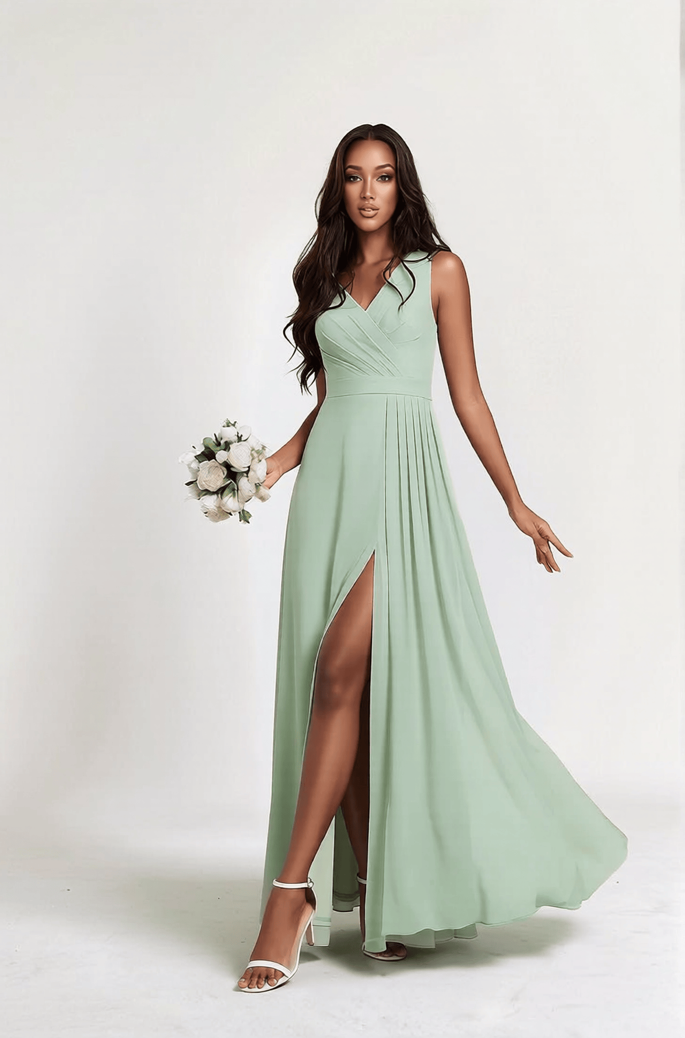 Robe demoiselle d'honneur longue verte fendue sans manches chic avec bouquet de fleurs blanches élégante