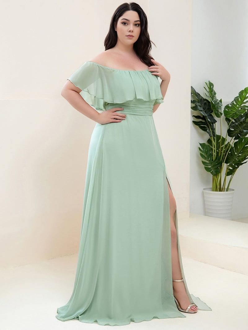 Robe de soirée grande taille verte longue manche courte fendue élégante pour mariage invité chic