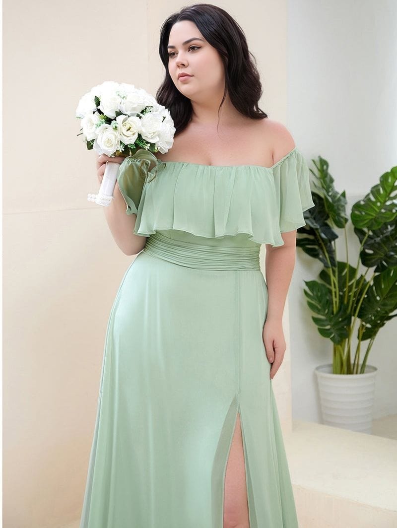 Robe de soirée grande taille verte longue fendue épaules dénudées pour demoiselle d'honneur chic mariée