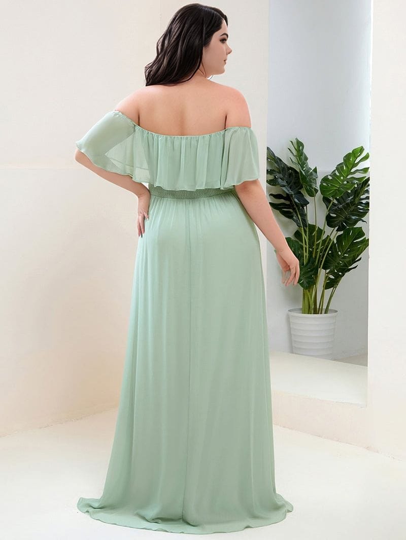 Robe longue verte grande taille bohème fluide épaules dénudées soirée été élégante pour mariage invité