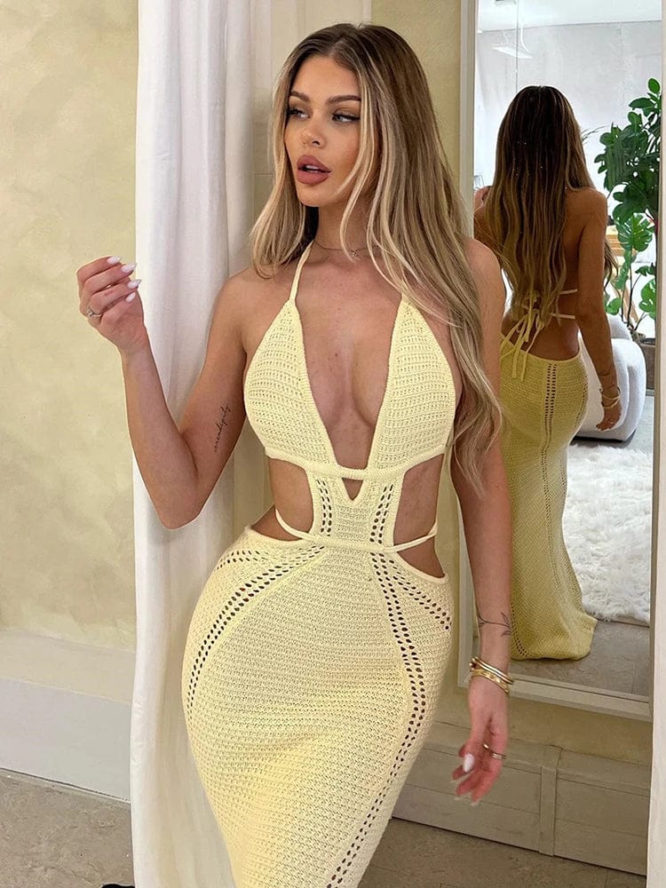 Robe dos nu en maille jaune, style sexy et soirée, longueur midi, silhouette moulante, sans manches pour femme.