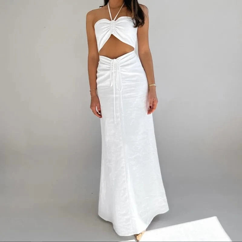 Robe longue blanche dos nu élégante été fendue pour soirée chic mariage invitée tendance originale femme