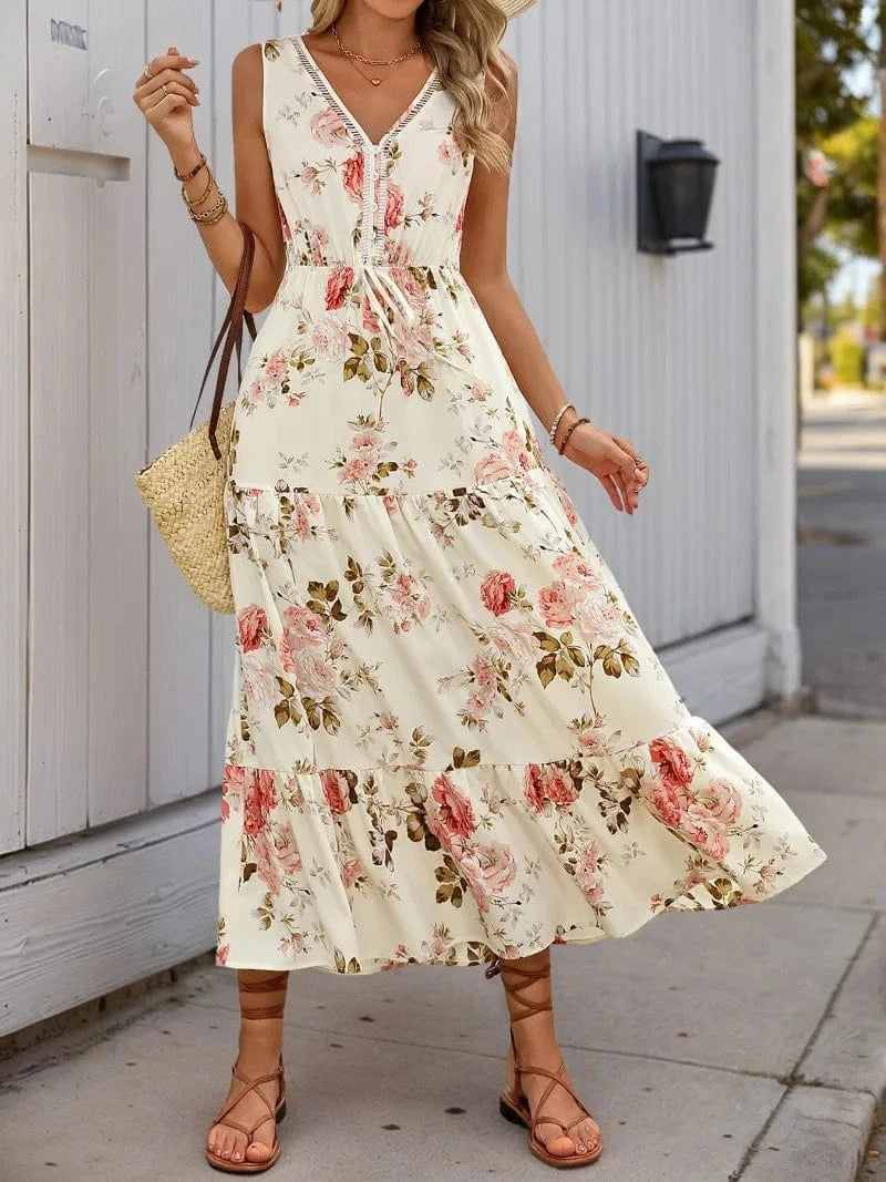 robe été bohème fleurie sans manches longue trapèze idéale pour la plage ou un mariage champêtre