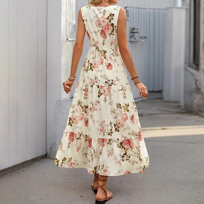 robe été bohème fleurie sans manches longue fluide idéale pour un look décontracté et romantique