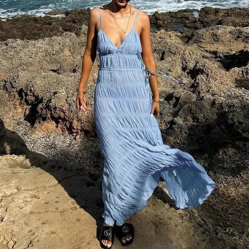 Robe plage bohème bleu longue fluide femme été sans manches décolleté légère idéale bord de mer