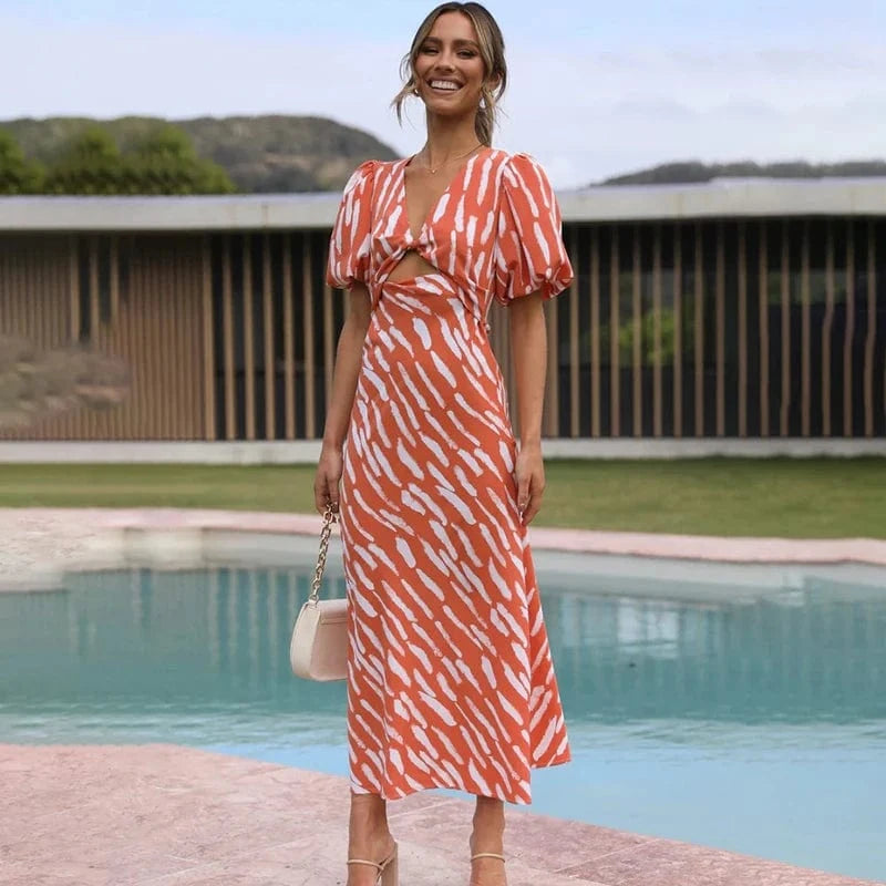 robe cocktail été orange midi manches bouffantes élégante pour invités de mariage ou soirée chic