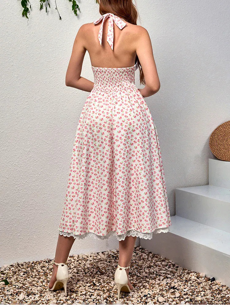 Robe été fleurie midi fluide décolleté profond