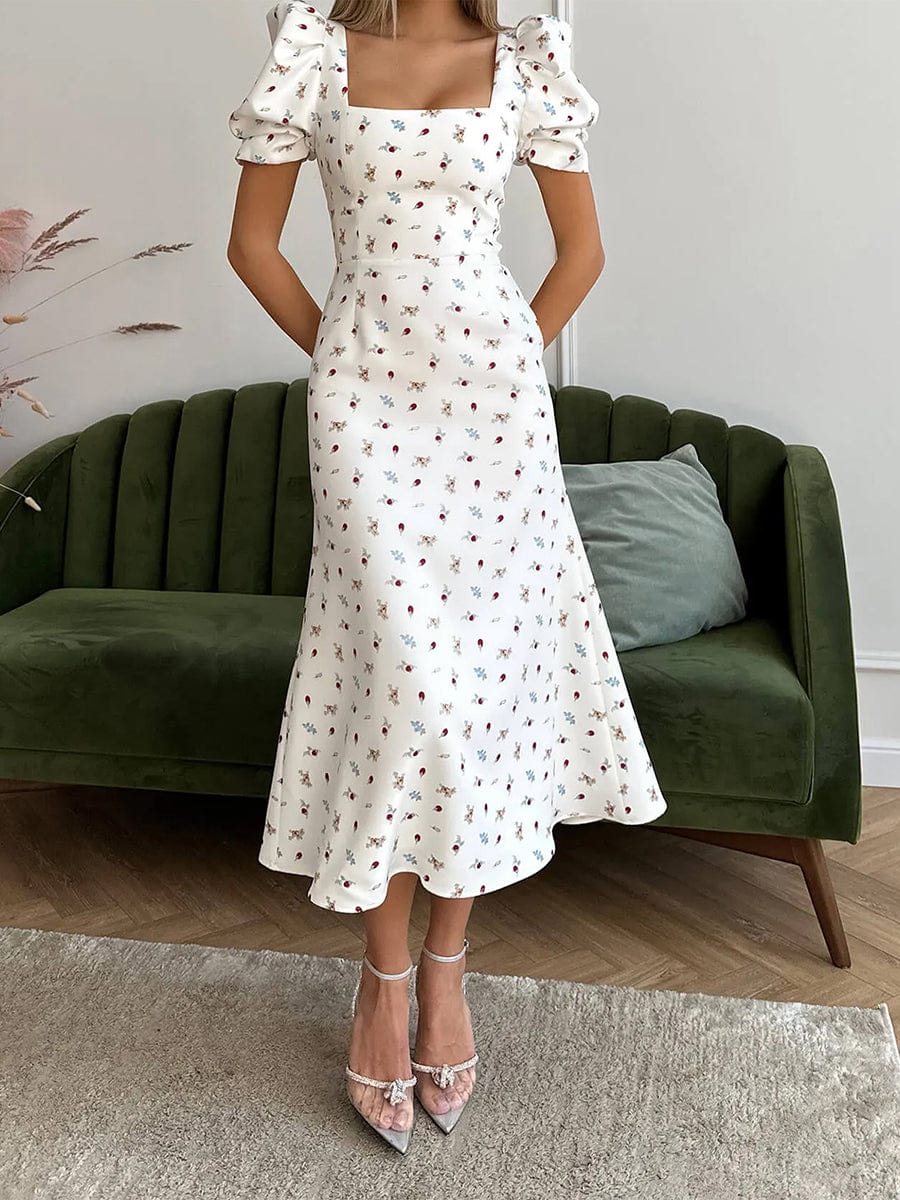 robe été fleurie midi col carré trapèze sans manches pour mariage chic ou baptême champêtre