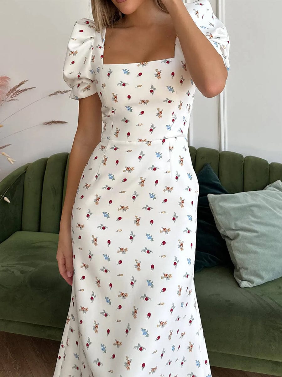 robe été fleurie midi col carré trapèze sans manches casual pour sortie en journée ou vacances plage