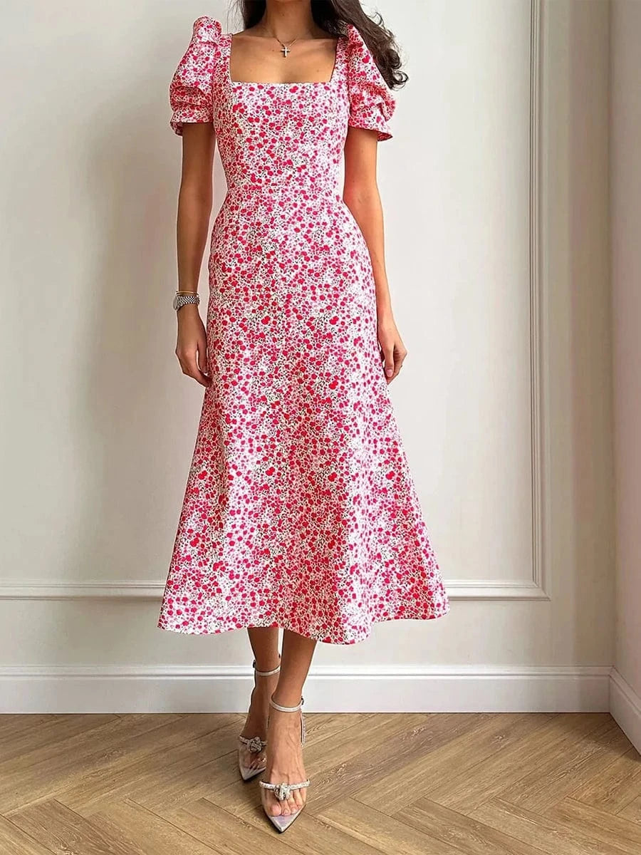 robe été fleurie midi pour mariage invité bohème chic à manches bouffantes et coupe évasée