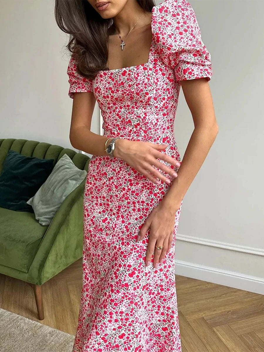 robe été fleurie midi chic à manches bouffantes pour une tenue élégante et féminine en été