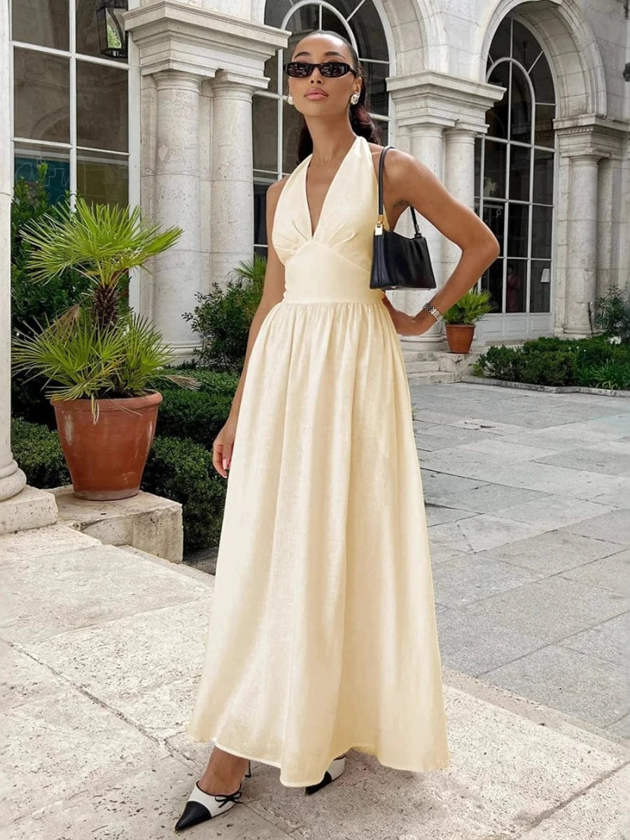 robe été fluide longue sans manches style bohème pour plage ou cocktail, coupe évasée et légère