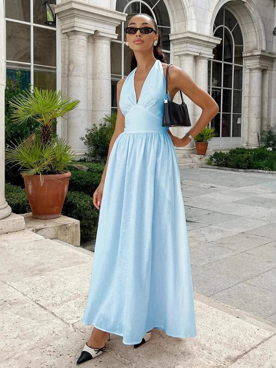 robe été fluide longue sans manches pour mariage invité chic couleur beige silhouette trapèze élégant