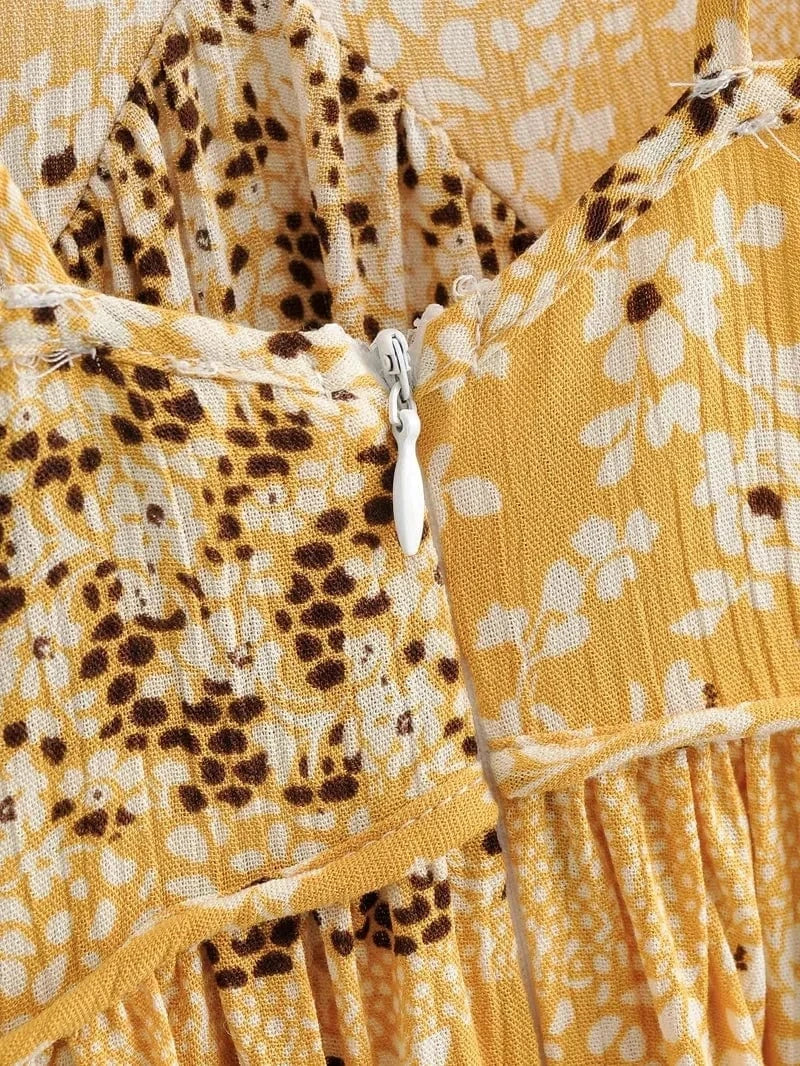 Robe été bohème fleurie jaune longue fermeture éclair détail tissu parfait pour mariage invité