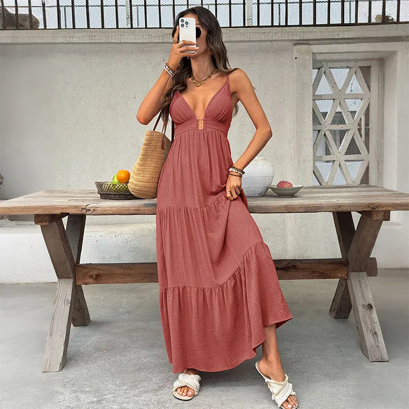 Robe été longue bohème teinte marron rosé