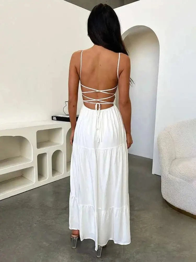 Robe blanche longue dos nu bohème été fluide femme manches fines parfaite pour mariage invité ou plage