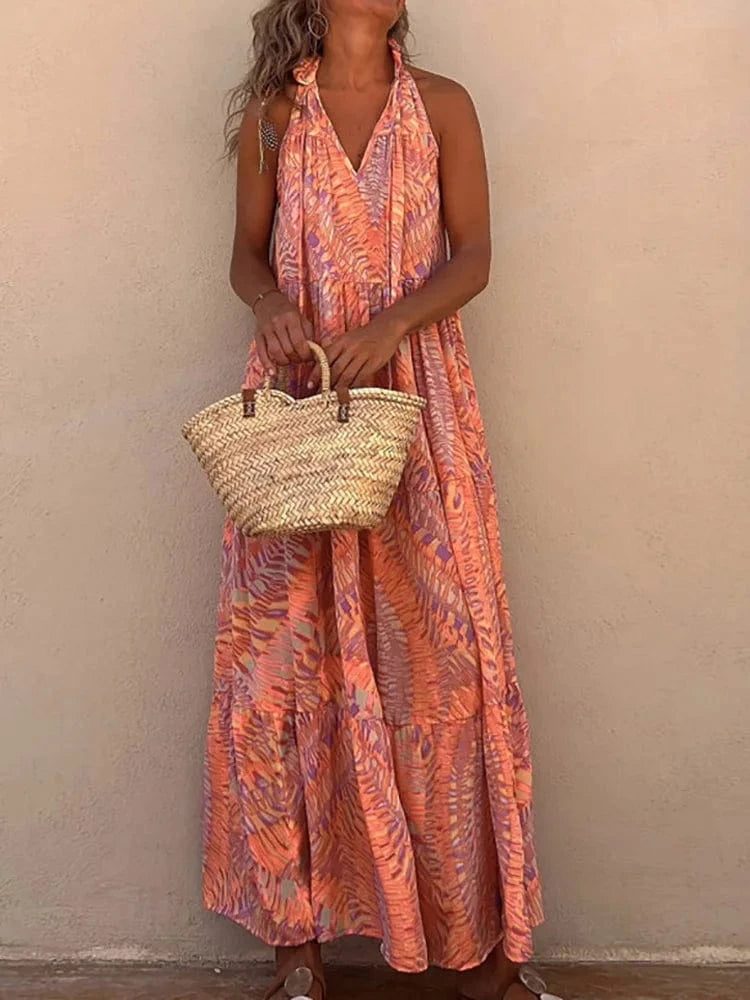 Robe été longue épaules dénudées fluide volantée style bohème chic pour plage ou mariage invité