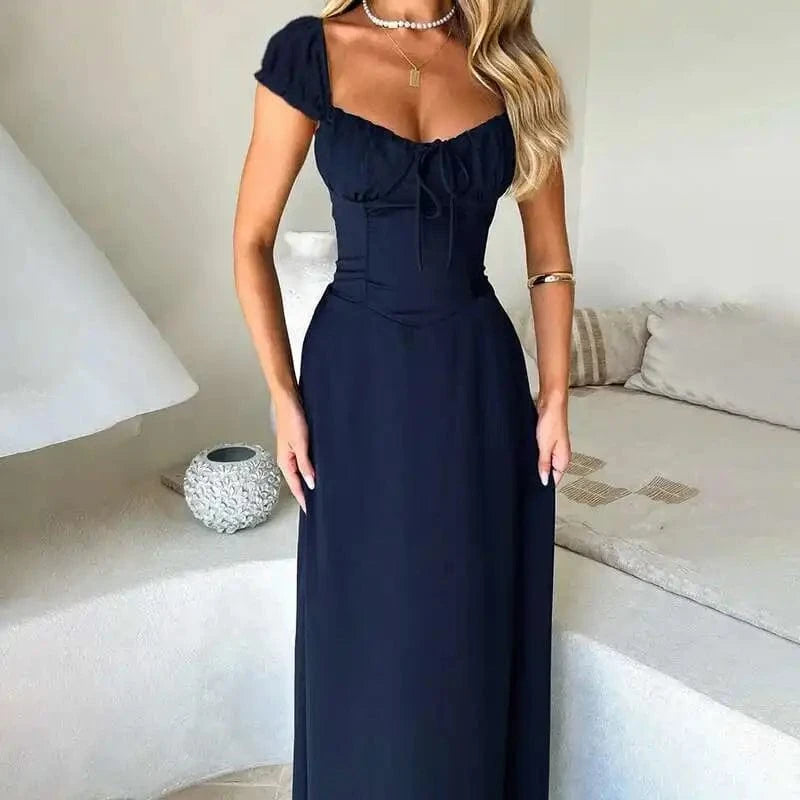 Robe longue noire soirée chic décolleté manches courtes fluide élégante pour mariage invitée femme