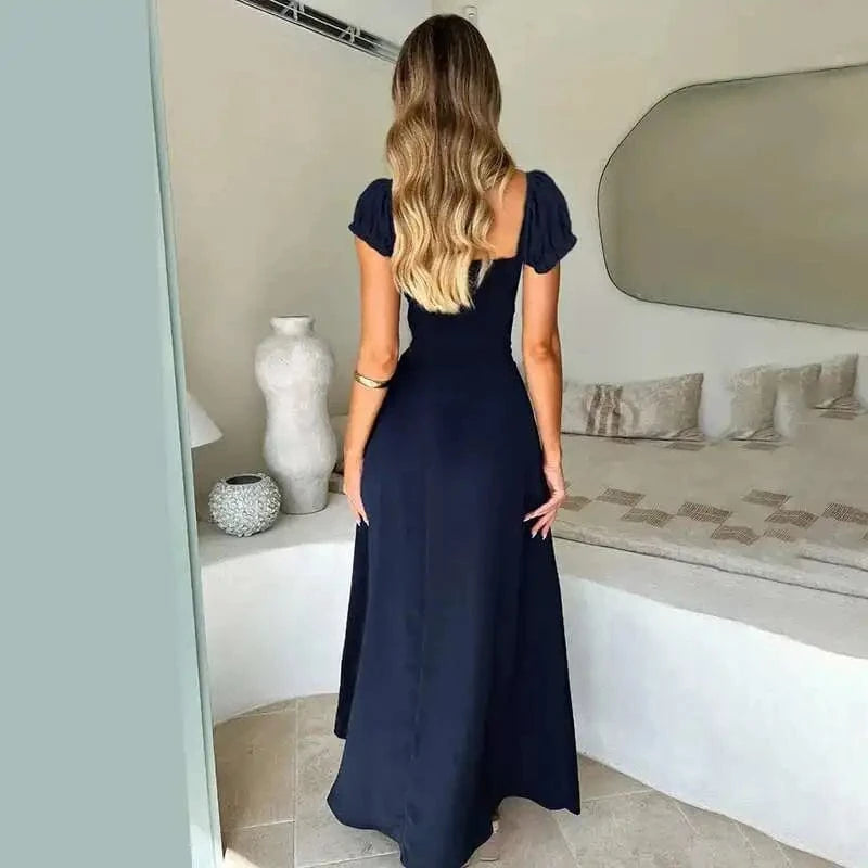 Robe longue noire trapèze chic soirée manches courtes parfaite pour mariage invité élégante et habillée