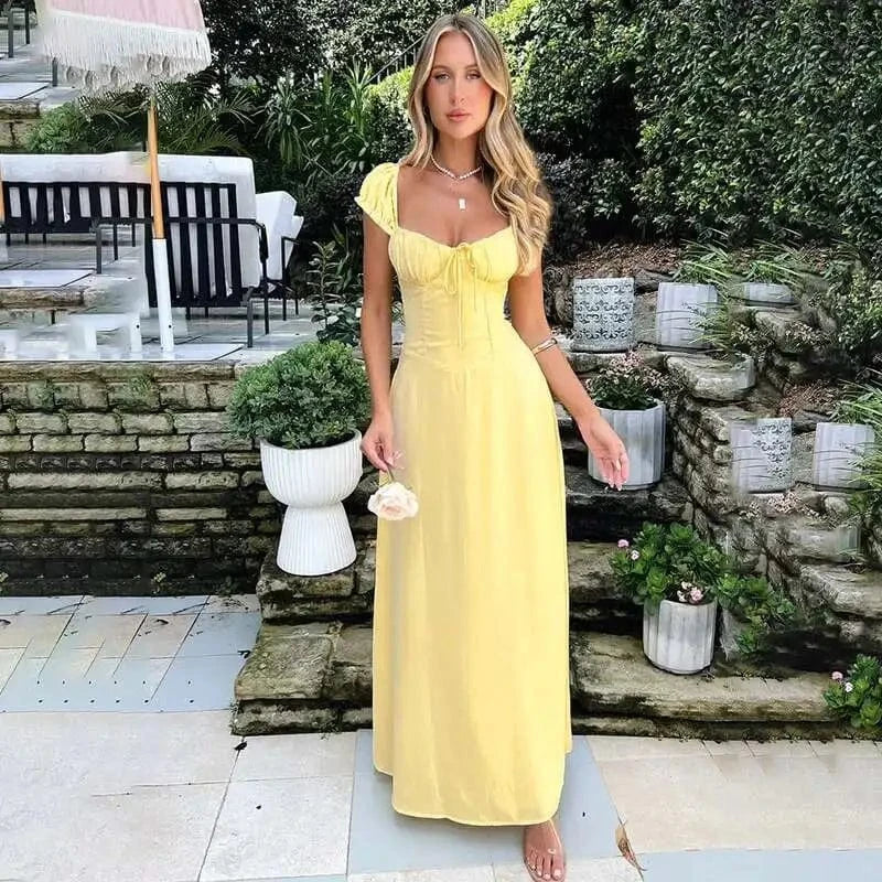 Robe longue été fluide jaune décolleté bohème chic invitée mariage avec manches courtes et style élégant
