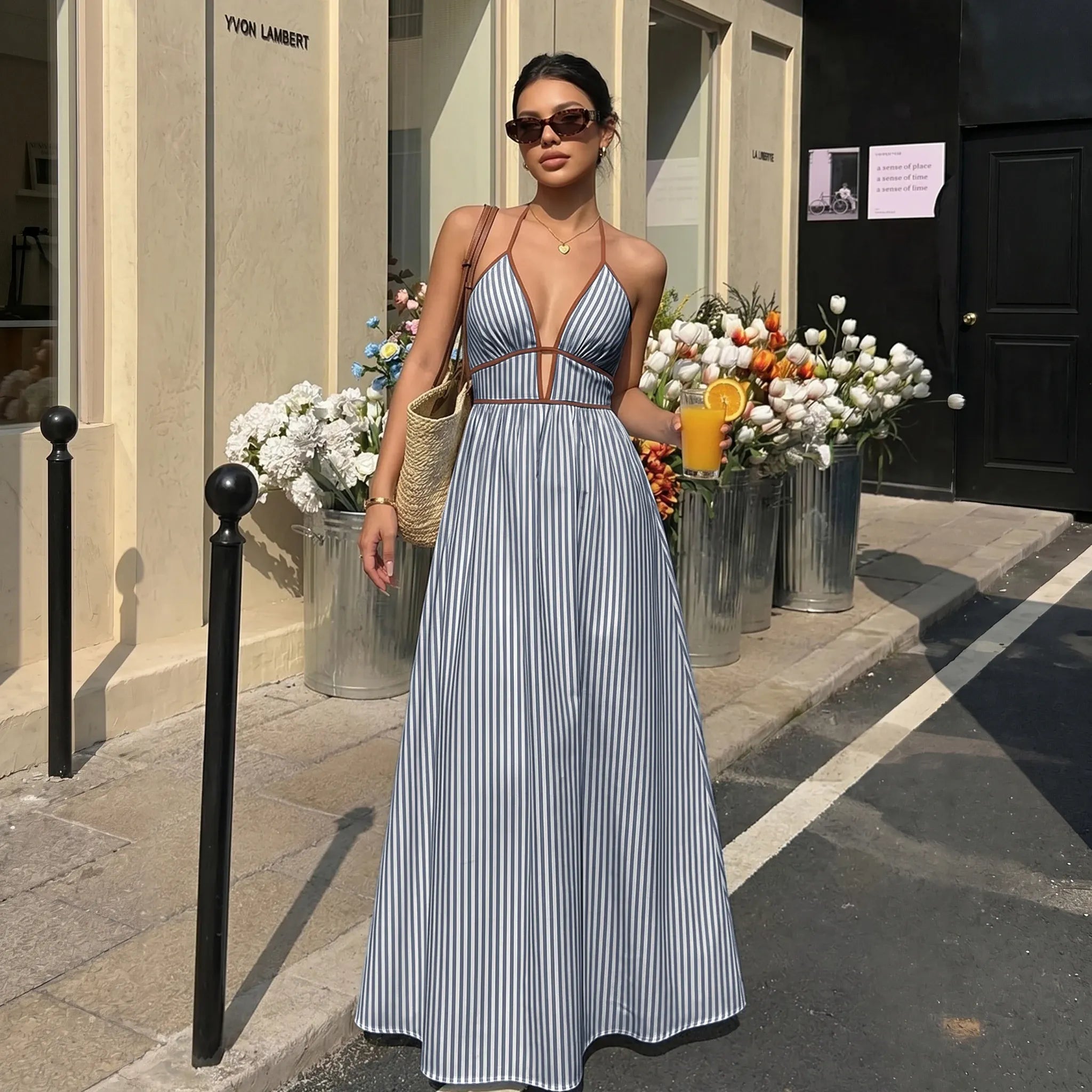 Robe été longue rayée avec dos nu américain