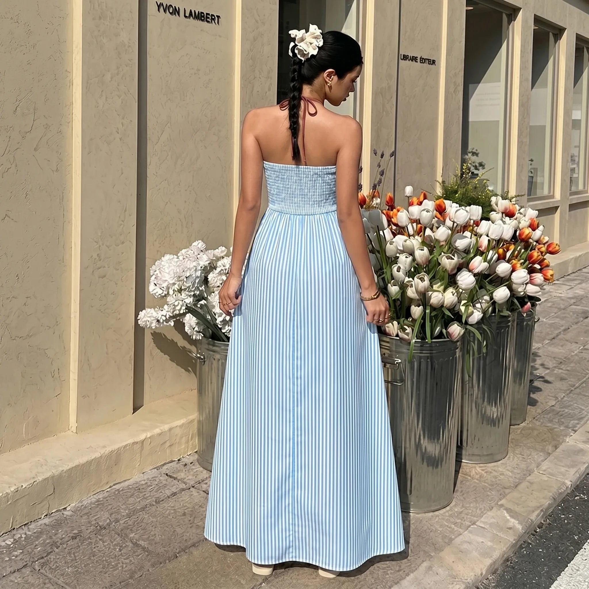 Robe été longue rayée avec dos nu américain