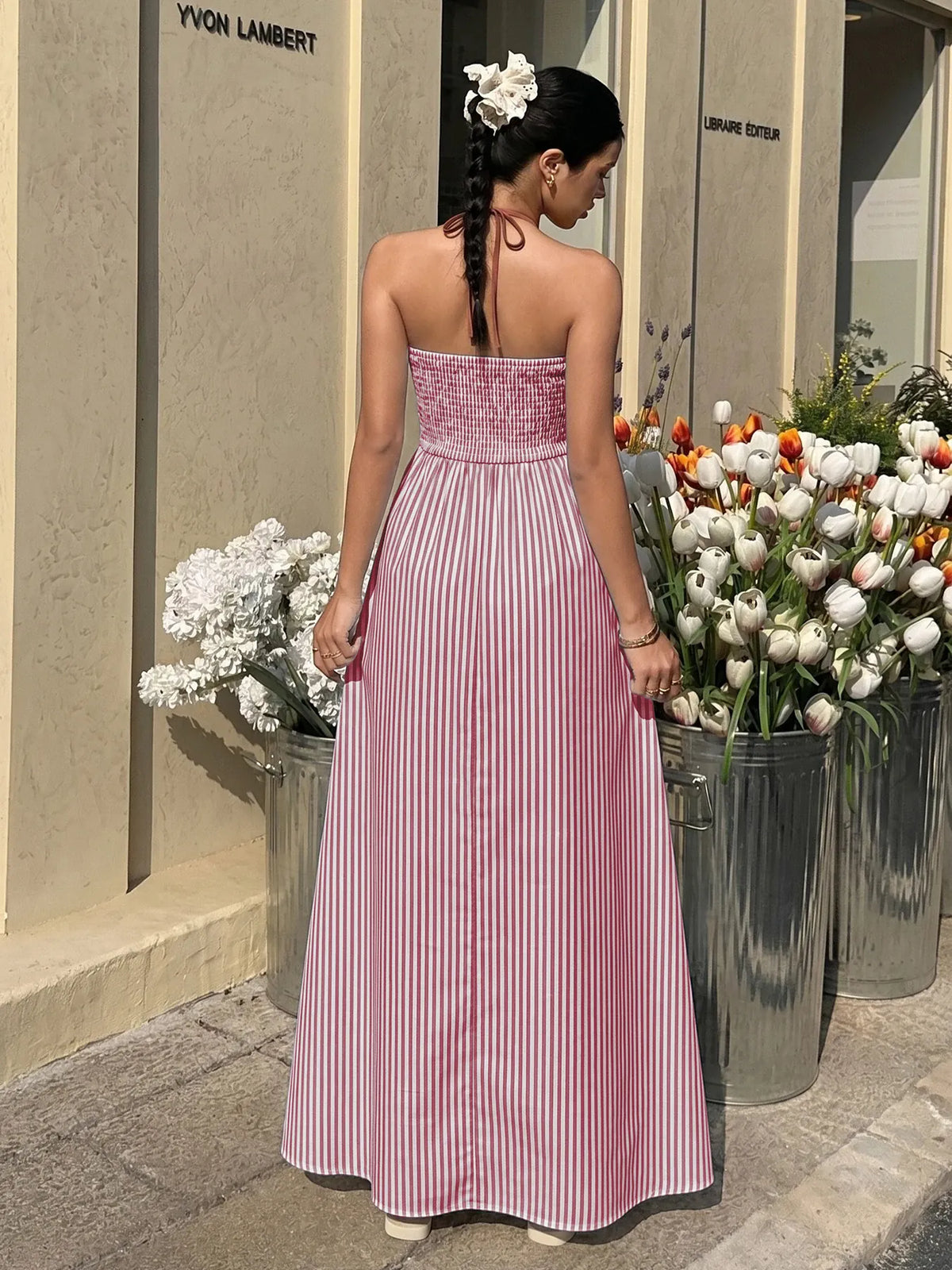 Robe été longue rayée avec dos nu américain