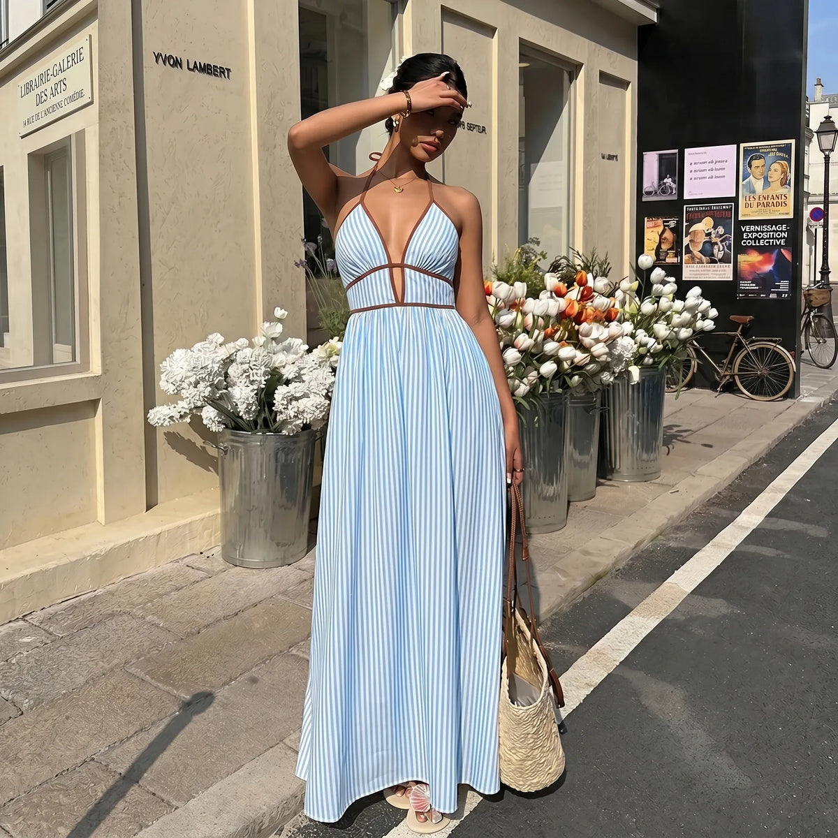Robe été longue rayée avec dos nu américain