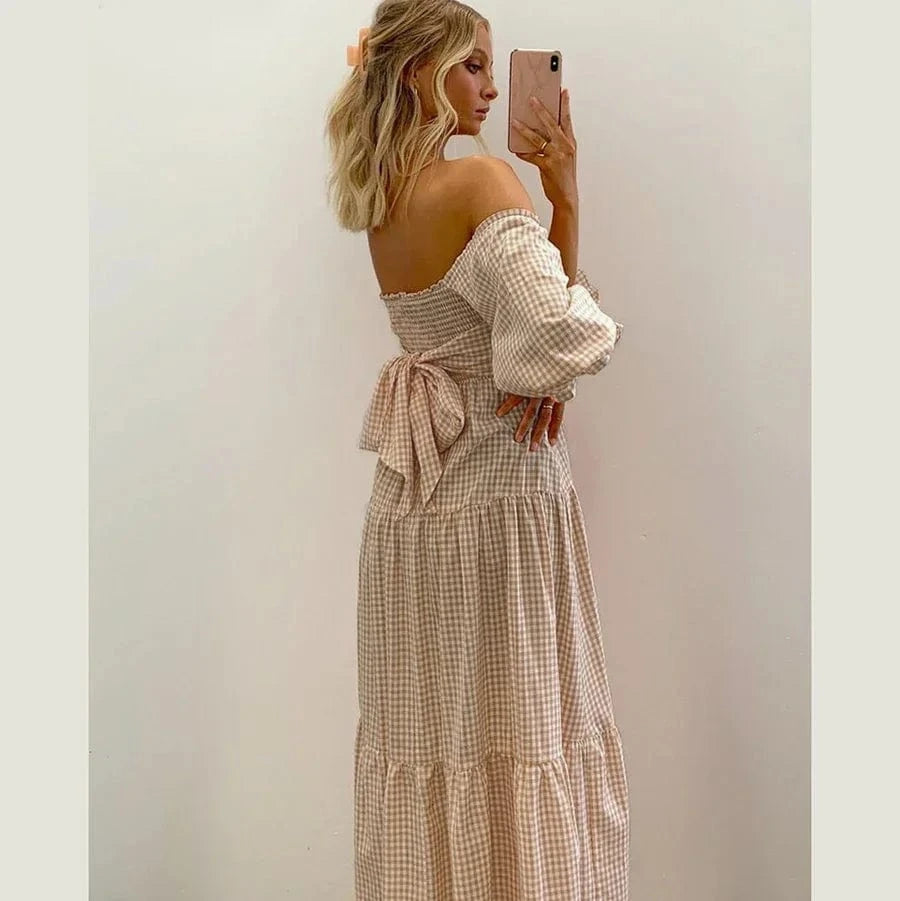 Robe bohème longue manches longues à carreaux beige ceinture à nouer été invitée mariage ou anniversaire