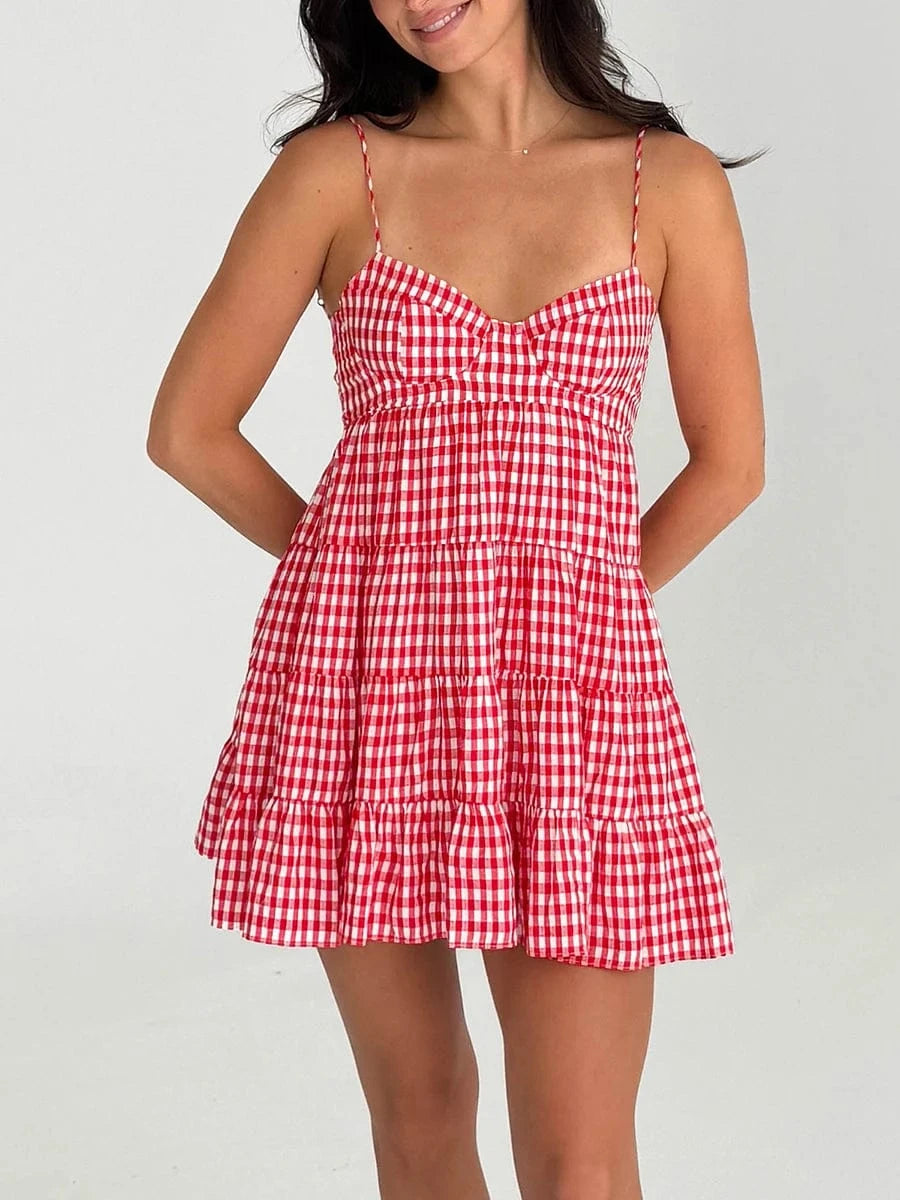 Robe courte été bohème rouge à carreaux décolleté sans manches fluide pour femme style casual plage