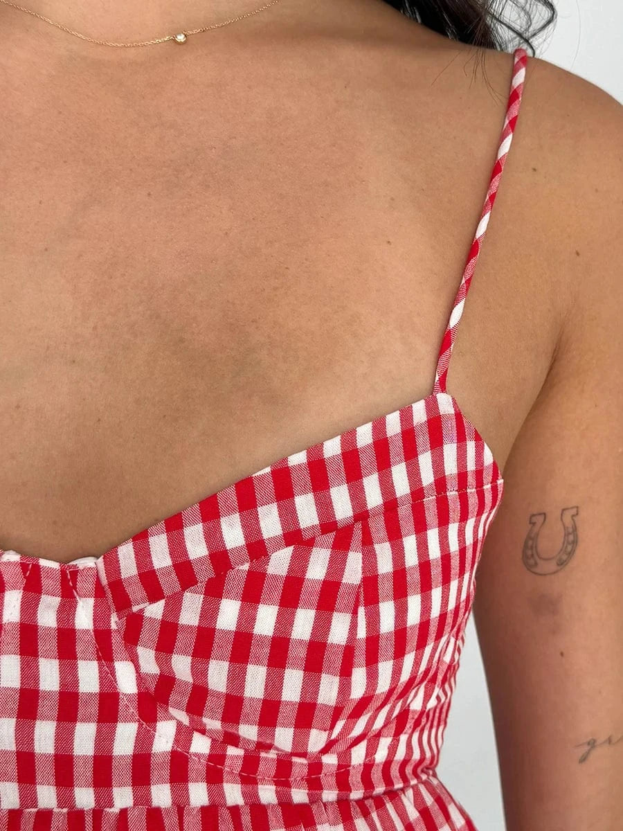 Robe d’été bohème rouge à carreaux décolleté sans manches fluide femme longueur midi style casual