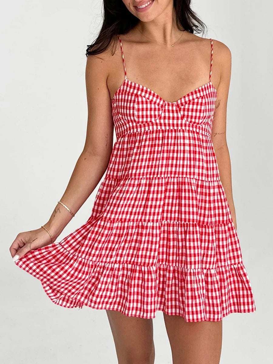 Robe courte été casual à carreaux rouge sans manches à bretelles fines, parfaite pour la plage ou sorties détente