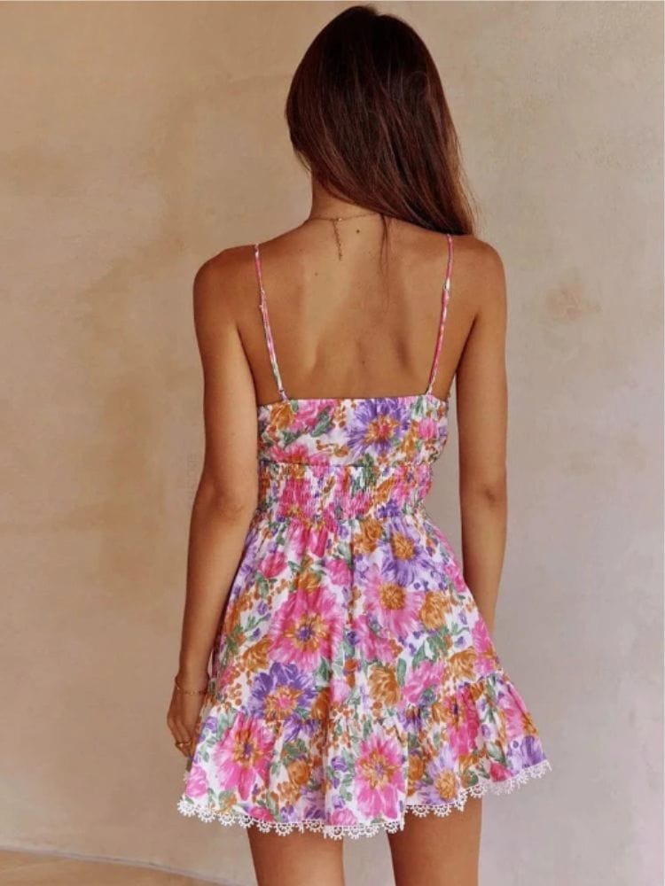 Robe courte fleurie bohème été dos nu sans manches pour femme, idéale pour plage ou soirée estivale