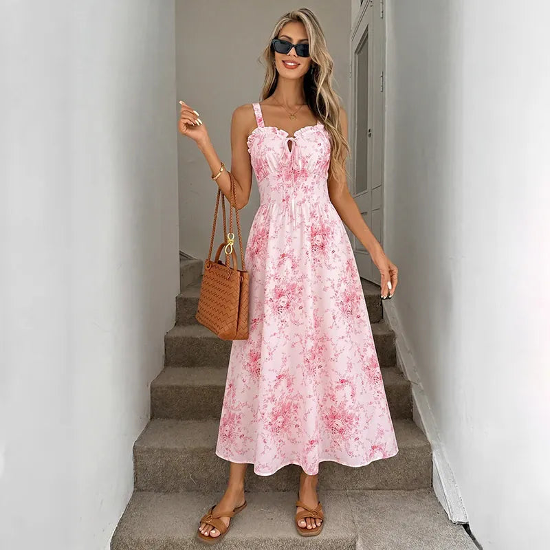 Robe été rose motif fleuri romantique