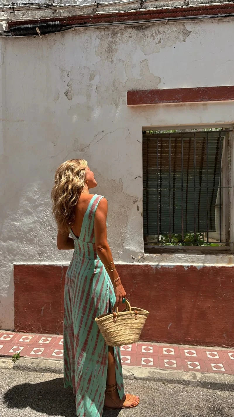 robe bohème été fendue dos nu longue fluide femme évasée sans manches verte chic élégante