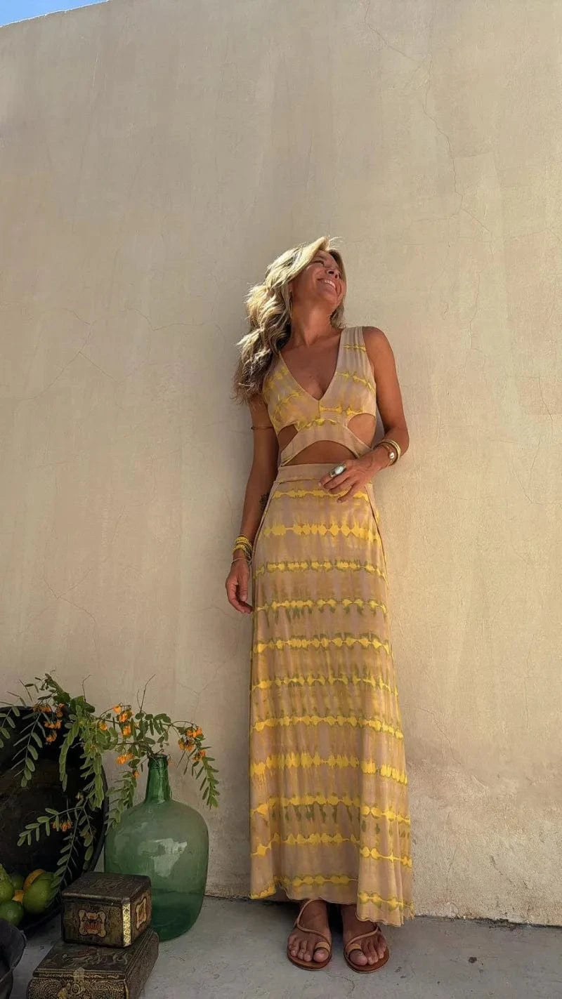 Robe bohème été longue fendue dos nu sans manches idéale pour un look chic et décontracté