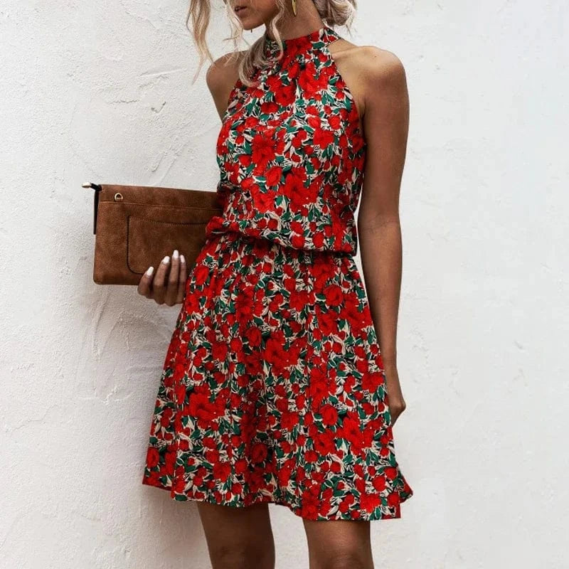 robe fleurie courte été dos nu chic sans manches silhouette trapèze col halter invitée mariage
