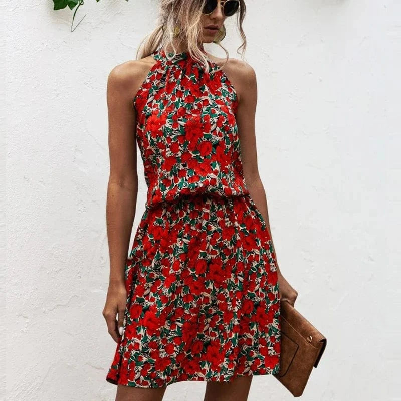 robe fleurie courte d'été style bohème col halter sans manches pour mariage invité champêtre