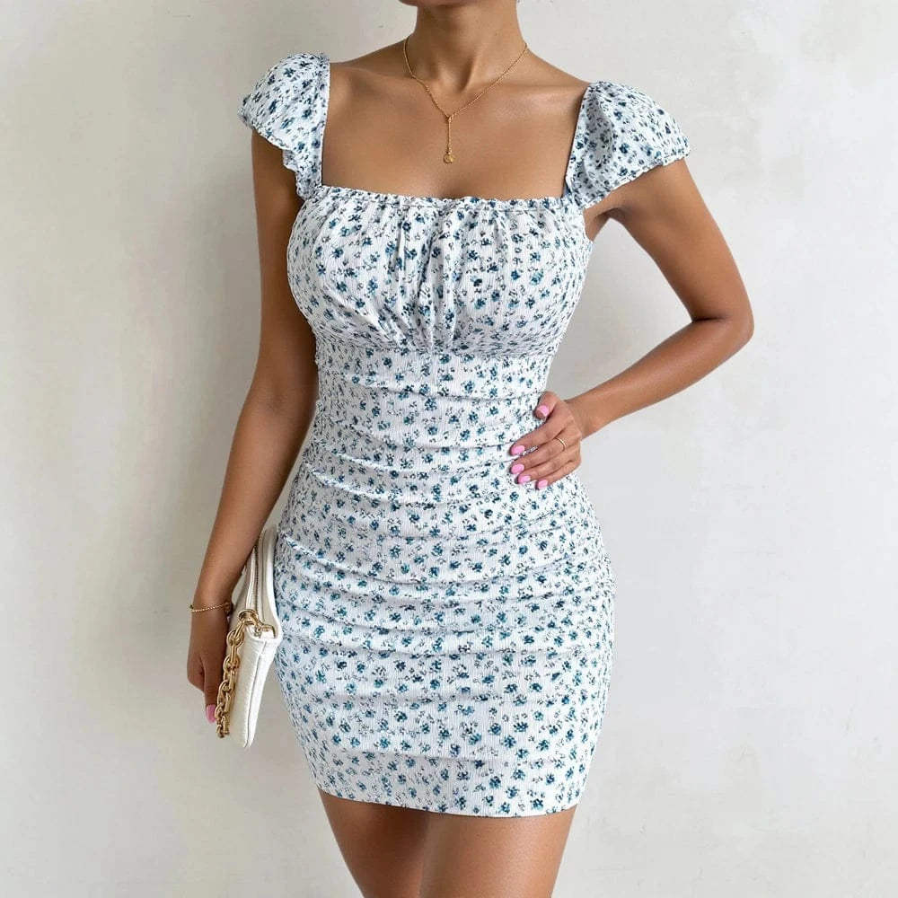robe courte moulante fleurie col carré été style bohème bustier sans manches trapèze décolleté
